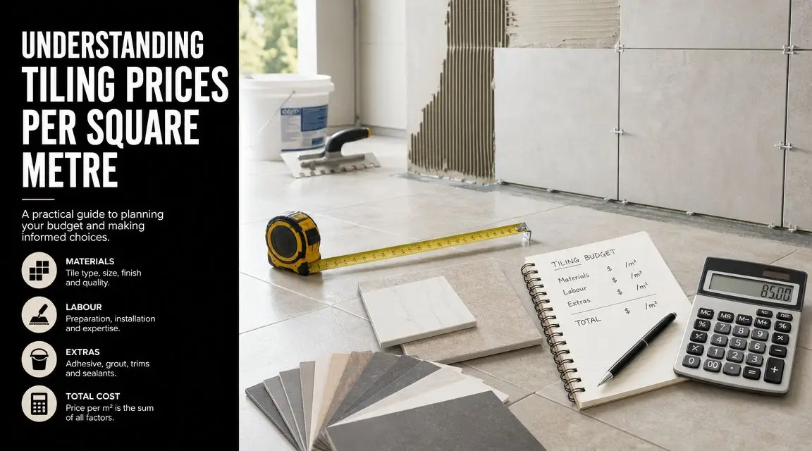 A budgeting guide for tiling costs featuring tiles, a tape measure, a calculator, and a notebook.
