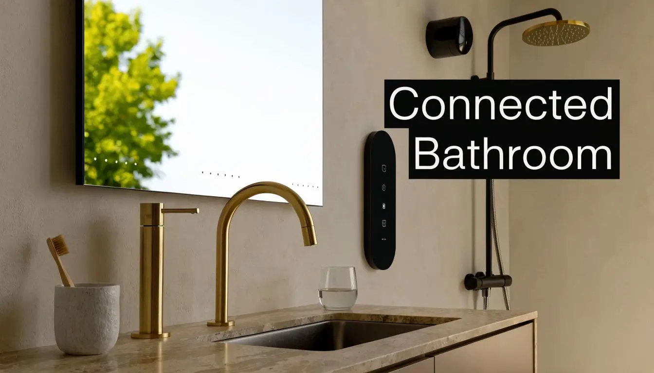 A modern bathroom vanity with gold faucets, a digital control panel, and a wall-mounted shower fixture.