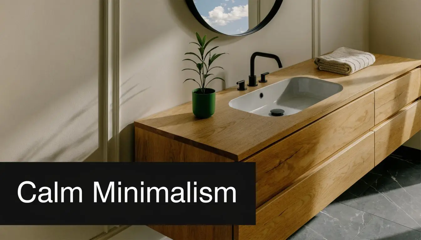 A modern bathroom vanity with a wooden cabinet and countertop, featuring a minimalist sink and black fixtures.