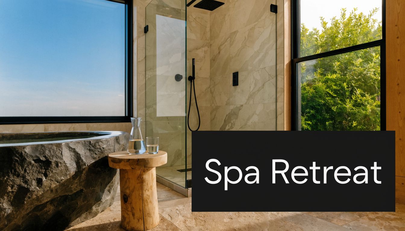 A luxurious modern bathroom featuring a natural stone bathtub and a walk-in glass shower with marble walls.