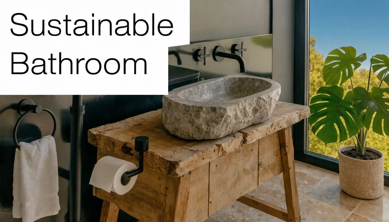 A luxurious rustic bathroom vanity with a raw stone basin and wooden table overlooking a green forest.