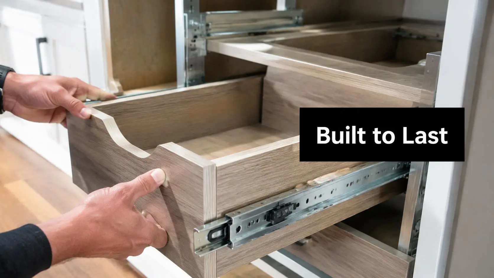 A close-up of a person installing a wooden pull-out drawer in a modern kitchen pantry cabinet.