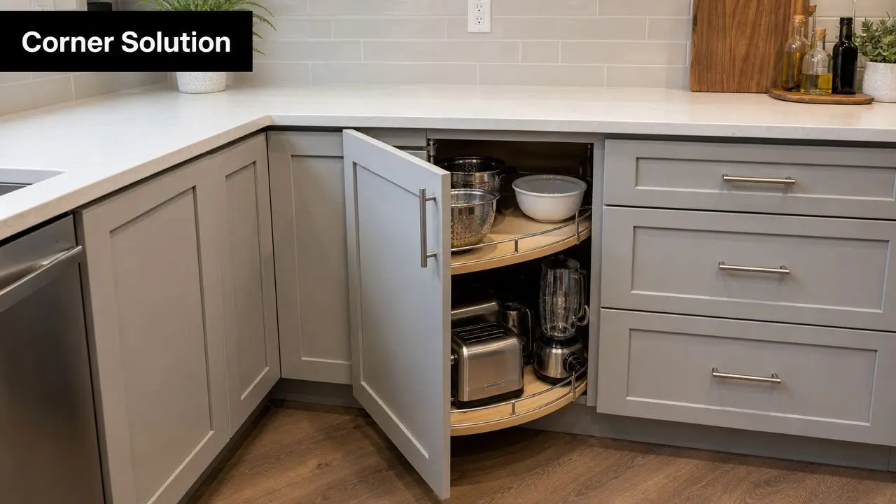 A modern kitchen corner cabinet featuring a pull-out carousel shelf used as a blind corner pantry solution.