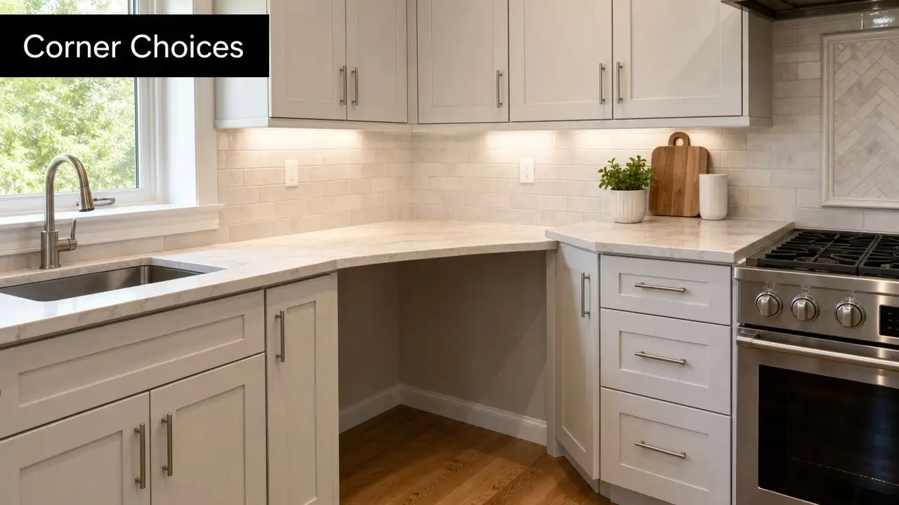 A modern kitchen corner featuring light grey cabinets, marble countertops, and an open workspace area.