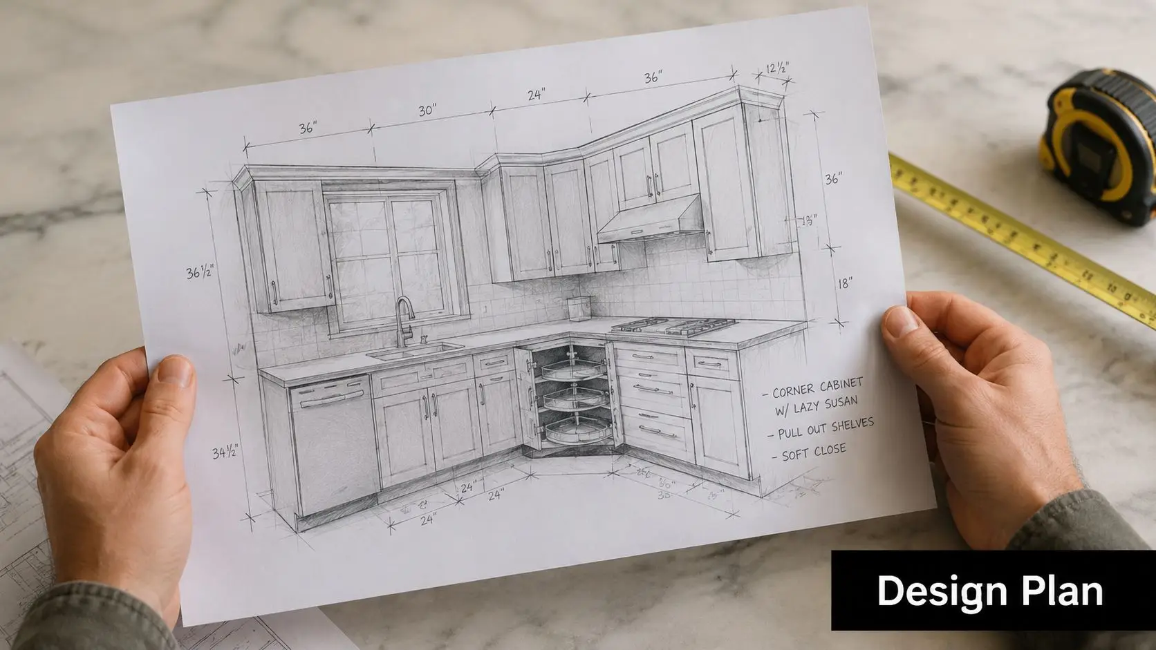 A person holding a printed kitchen design layout sketch featuring cabinet dimensions and appliance placement on marble.