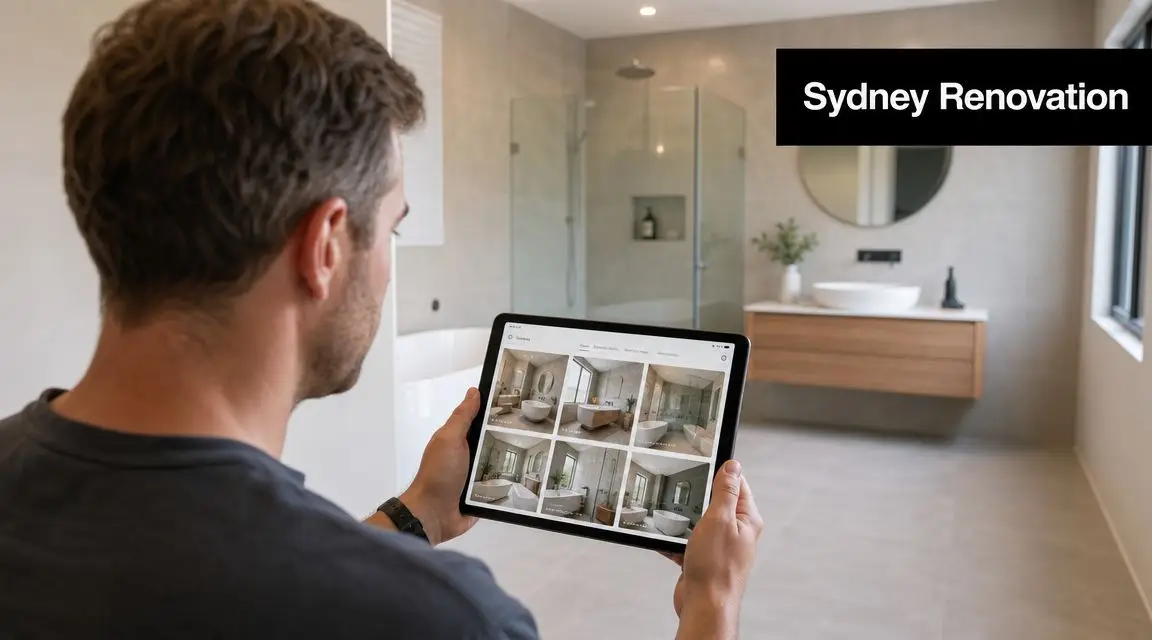 A man holds a tablet displaying various bathroom design options inside a modern renovated bathroom space.