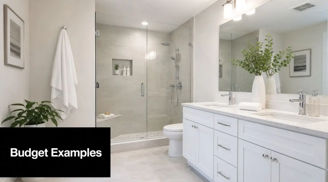 A modern, bright bathroom with white cabinets, marble countertops, and a glass-enclosed shower with tiled walls.