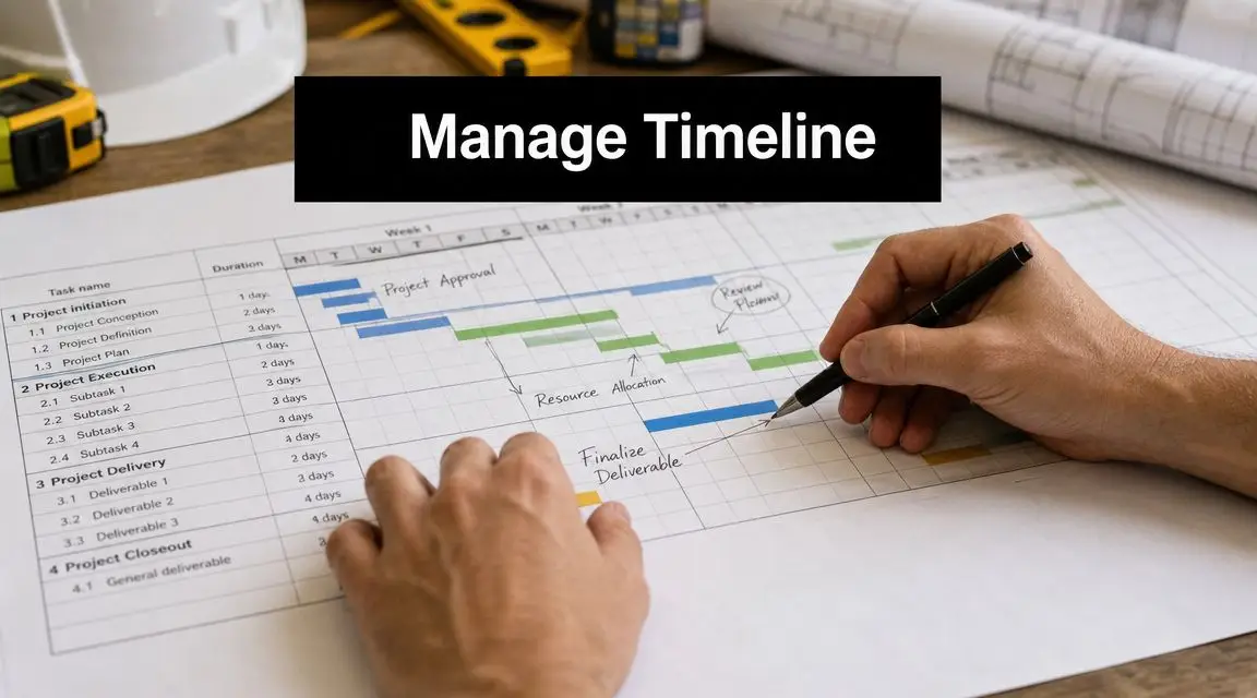 A person writing on a project Gantt chart timeline with a pen on a construction site office desk.