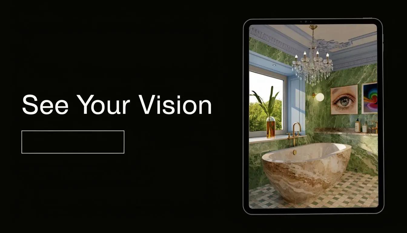 A digital tablet displaying a luxurious bathroom interior featuring marble textures and artistic wall decor.