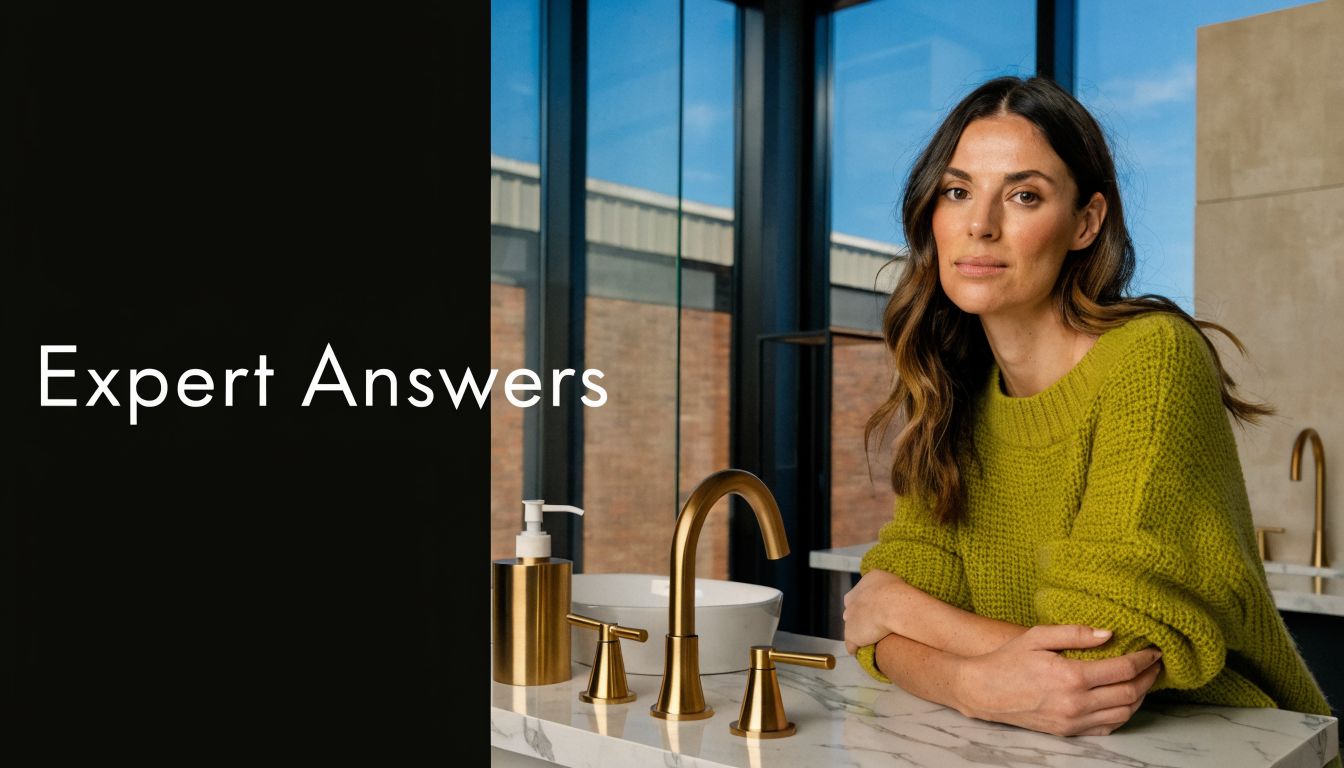 A professional interior designer posing in a modern bathroom with gold fixtures and a marble countertop.