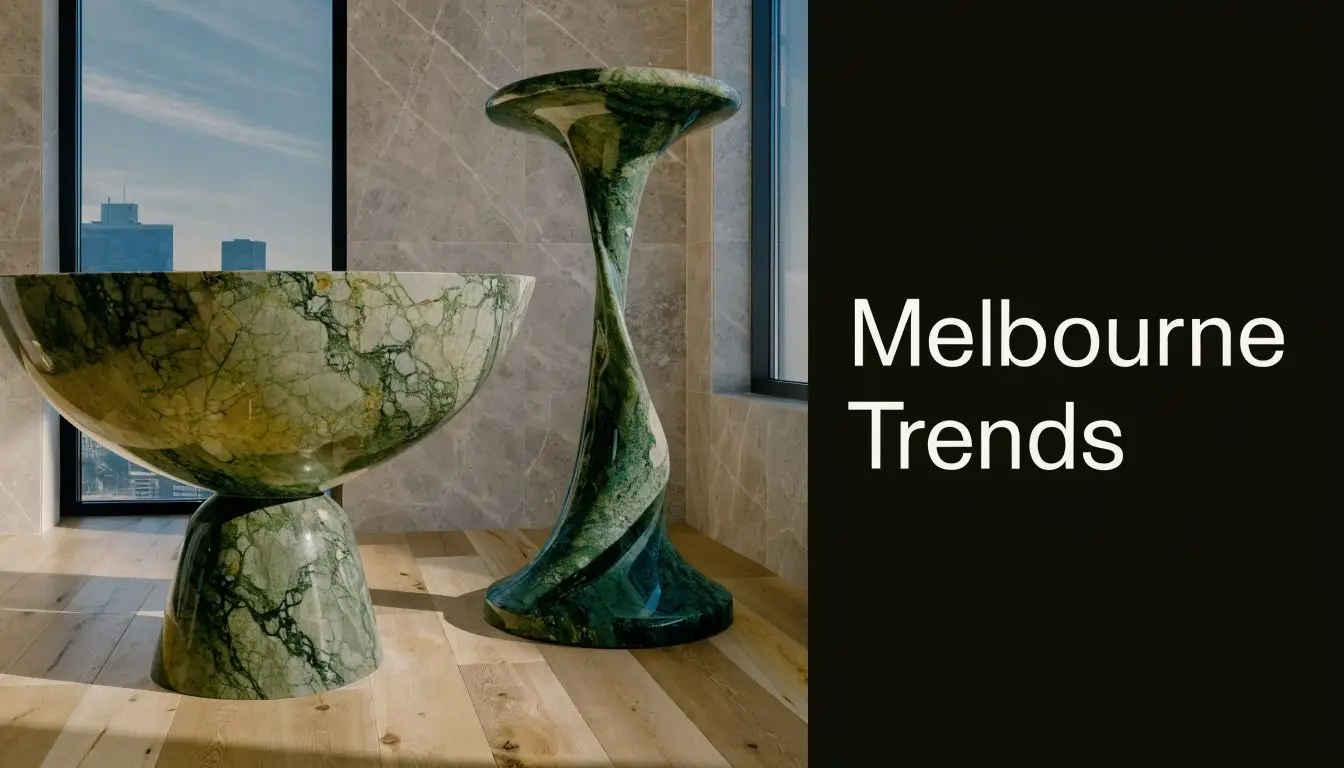 A luxurious marble bowl sink and a twisted pedestal stand displayed in a modern bathroom interior.
