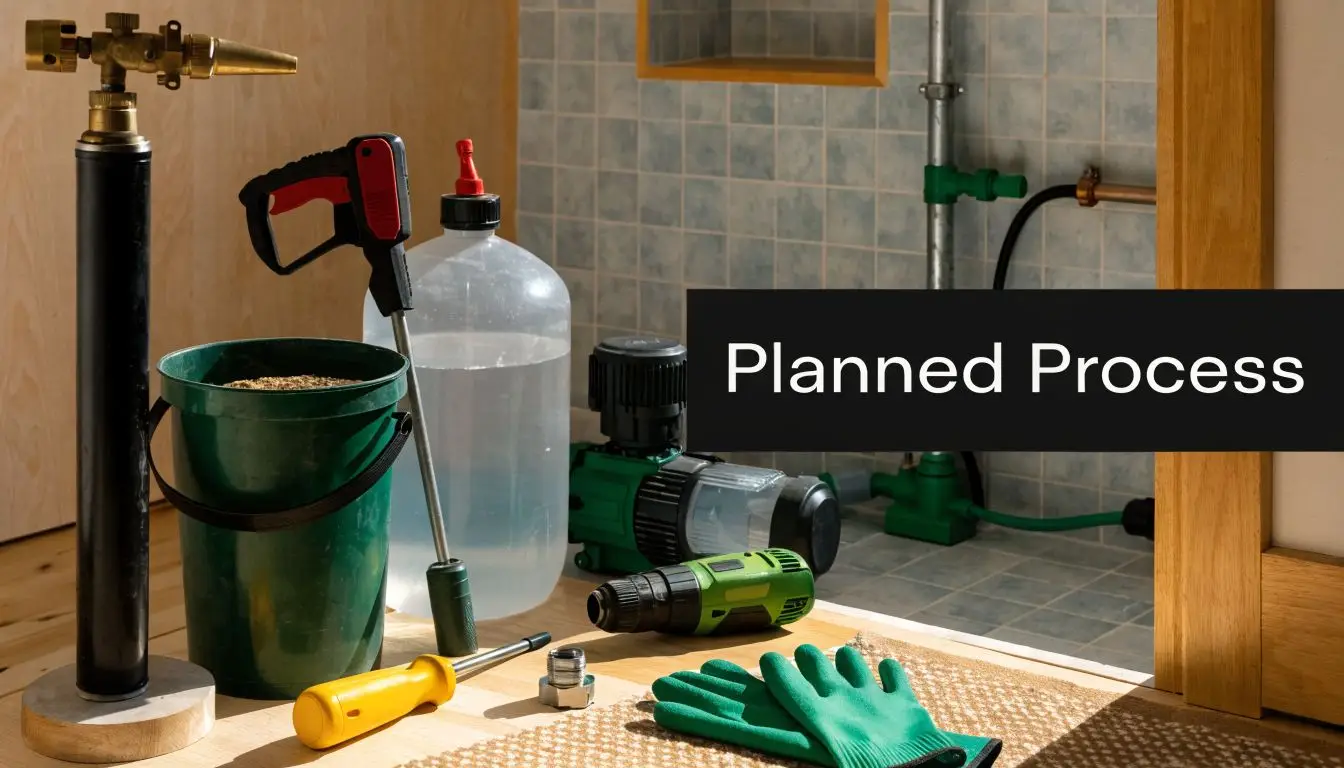 A collection of plumbing tools and equipment arranged on a floor for a bathroom renovation project.