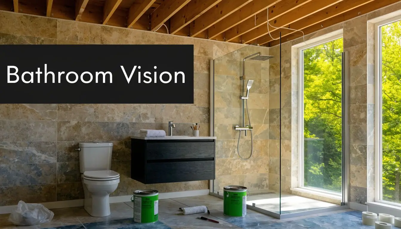 A modern bathroom under construction featuring tan stone tiles, a floating vanity, and a glass shower stall.