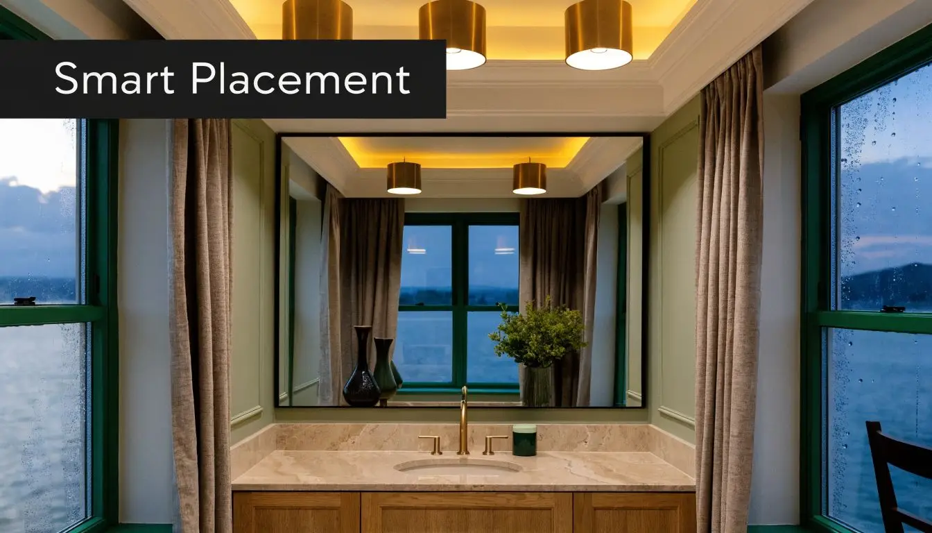 A modern bathroom vanity featuring a large mirror with reflection of downlights and scenic window views.