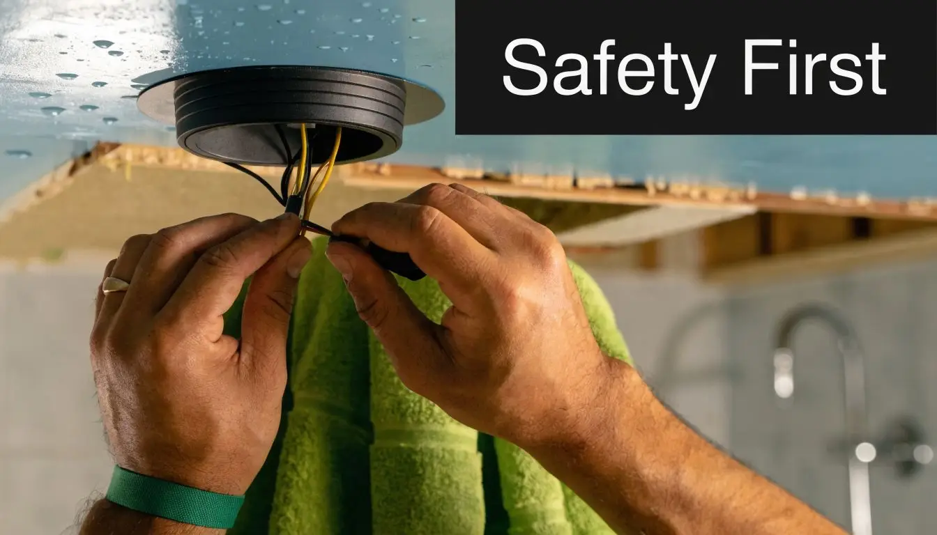 A person is installing a recessed downlight in a bathroom ceiling while performing electrical wiring work.