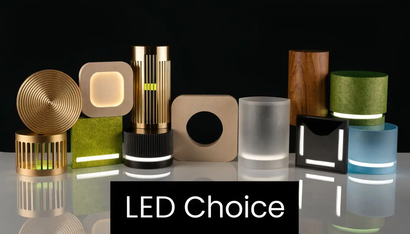Various modern designer LED lighting fixtures of different shapes, materials, and colors displayed on a reflective surface.