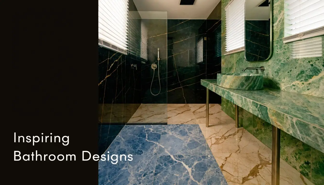 A luxurious bathroom featuring bold green marble countertops, blue and beige tile flooring, and dark wall accents.