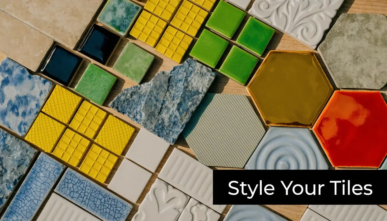 An artistic arrangement of various colored, shaped, and textured ceramic and stone sample tiles.