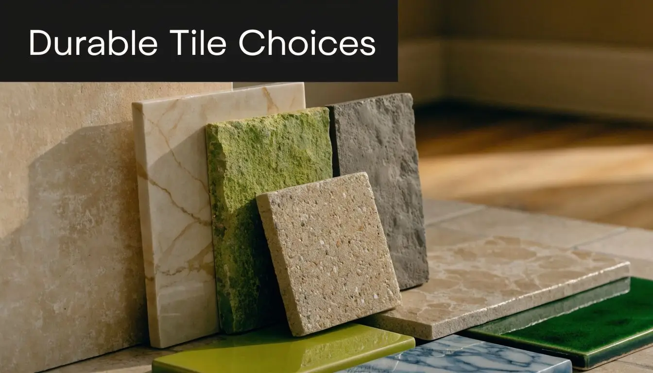 A selection of various durable tile samples including stone, ceramic, and marble textures for home renovation.