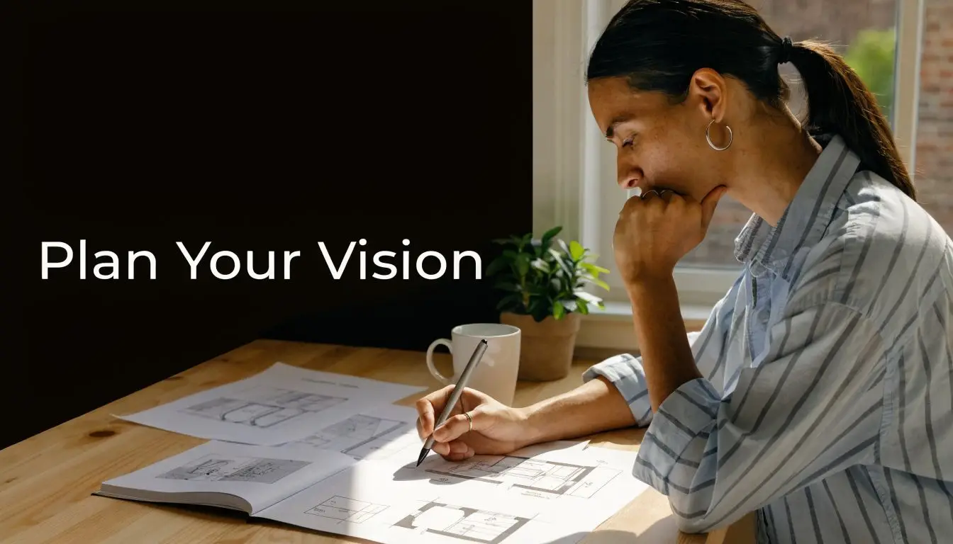A woman sketching architectural plans for a bathroom renovation while sitting at a desk by a window.