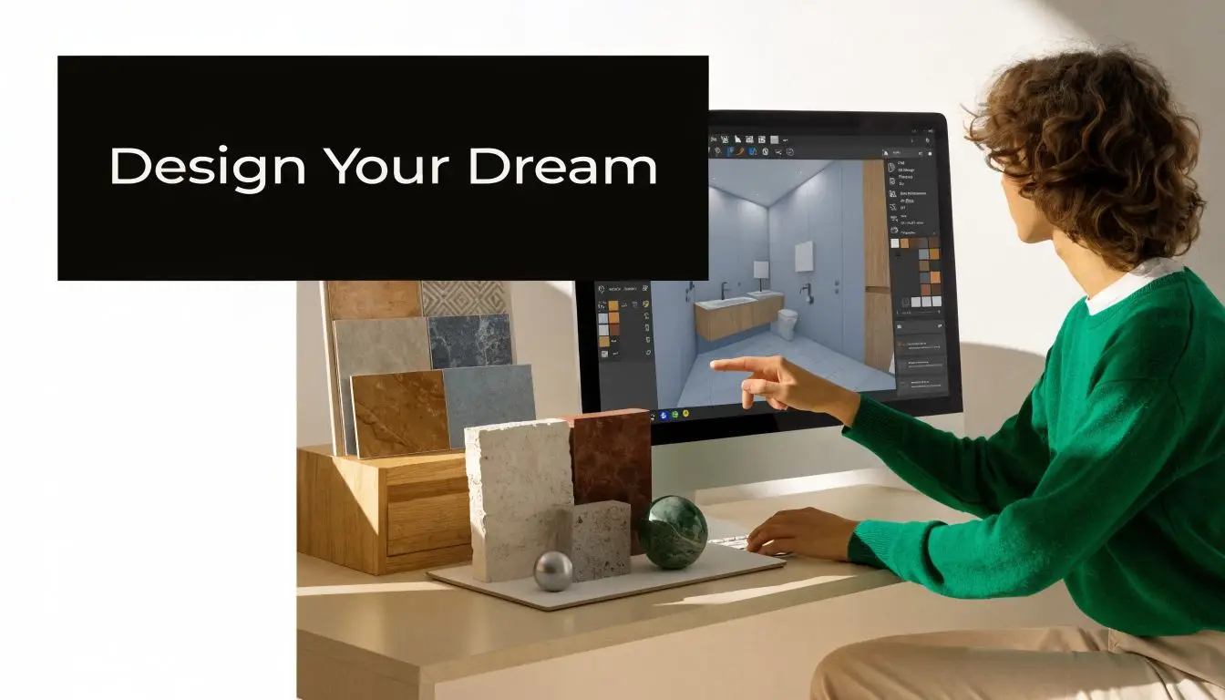 A person designing a modern bathroom renovation on a computer while surrounded by stone and tile samples.