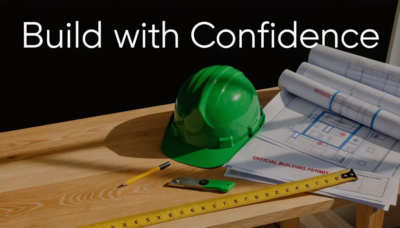 A green hard hat, a measuring tape, and blueprints labeled official building permit on a wooden desk.