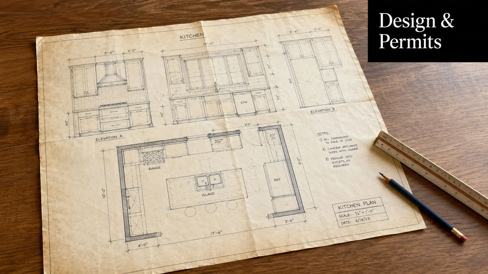 Detailed architectural kitchen floor plan blueprints with dimensions displayed on a wooden table with a pencil.