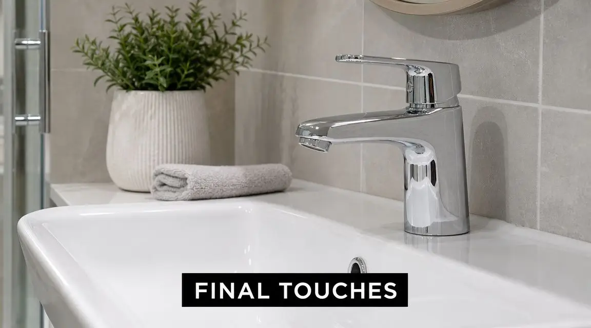 A modern chrome bathroom faucet sitting on a clean white sink next to a small potted plant.
