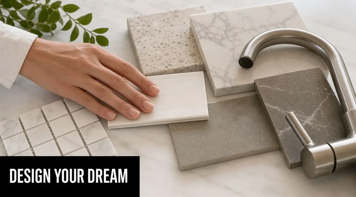 A hand selecting interior design materials including marble tiles and stone samples for a home renovation project.