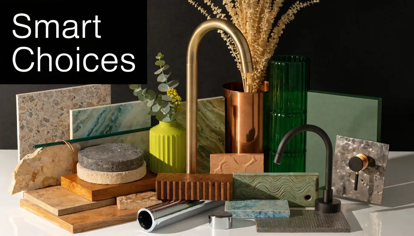 An aesthetic flatlay of various interior design material samples, textures, and faucets for home renovation planning.