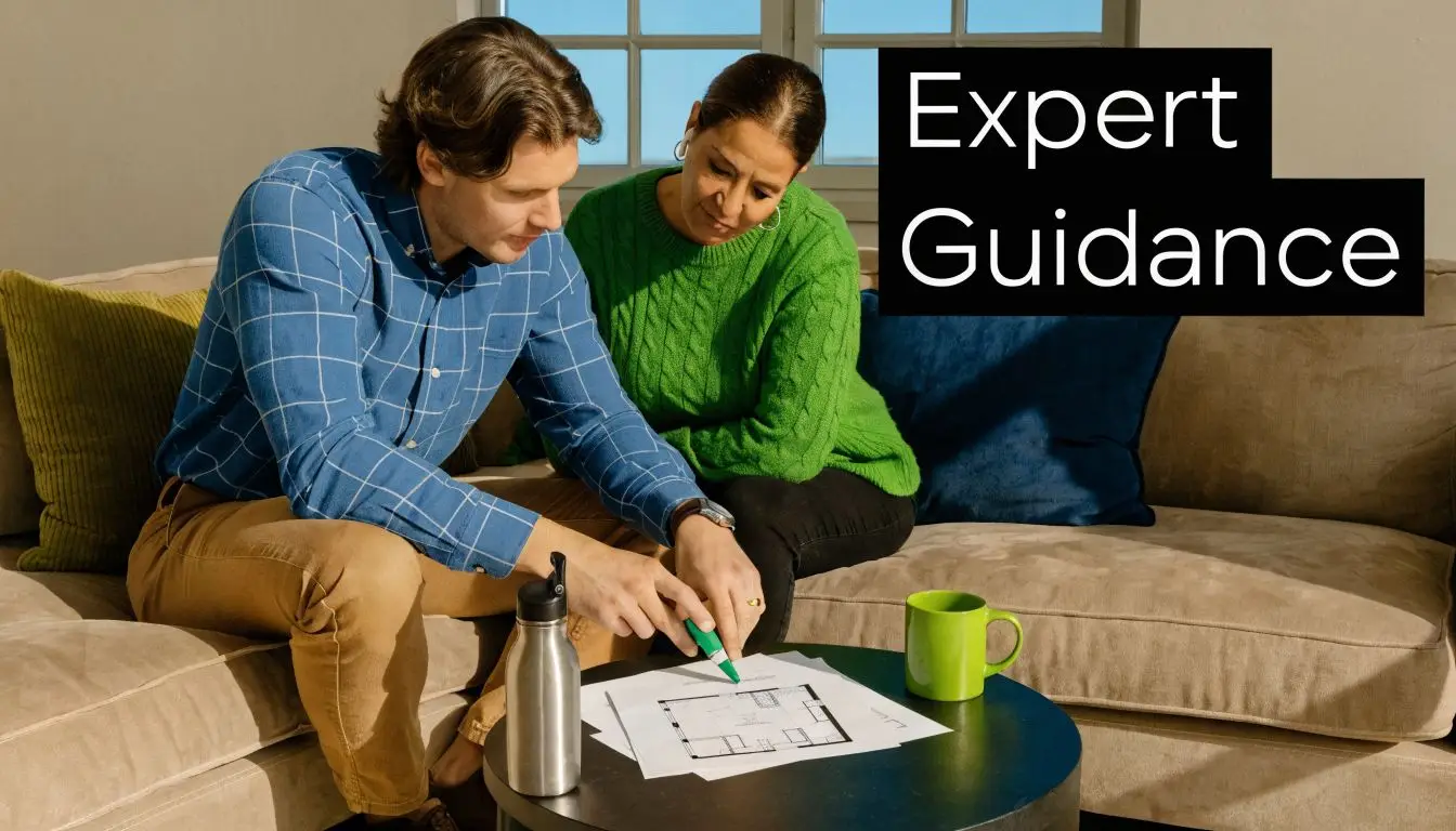 A professional interior designer and client reviewing a floor plan layout while sitting on a couch.