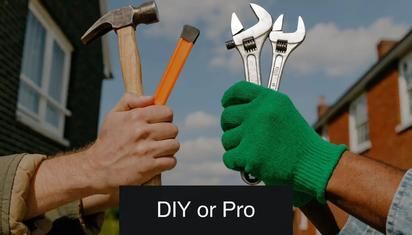 Two people holding home renovation tools up against a sky background with a text overlay.