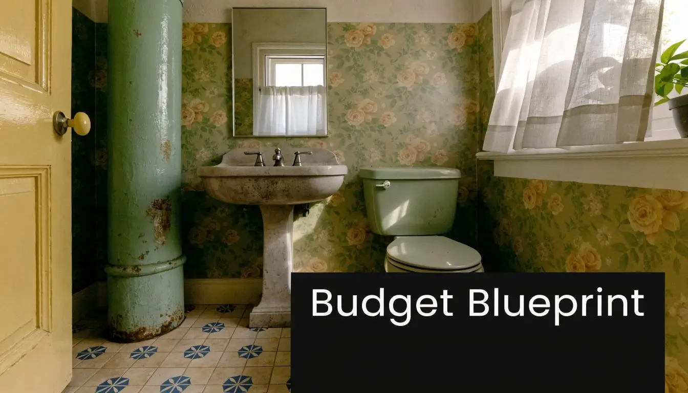 A dated, vintage bathroom featuring floral wallpaper, a pedestal sink, and a green toilet with retro tiles.