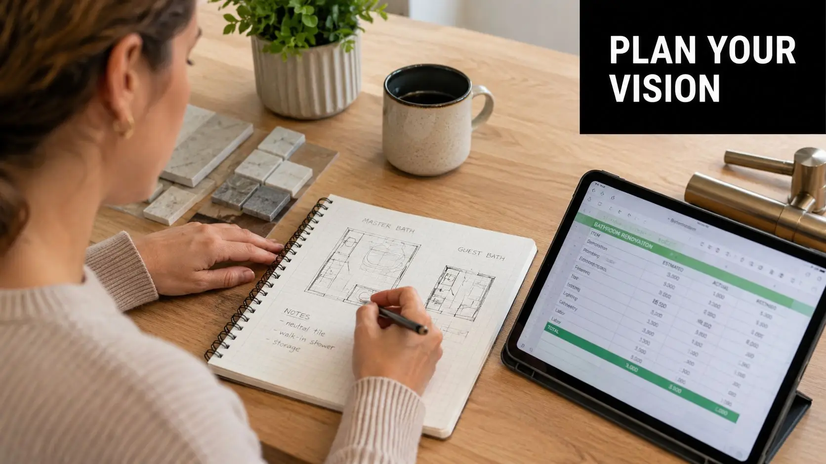 A woman sketching bathroom renovation floor plans in a notebook with a budget spreadsheet open on a tablet.