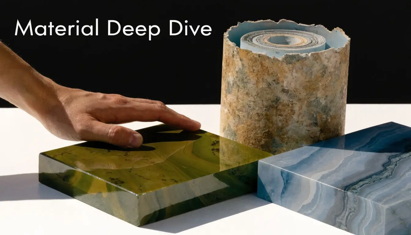 A hand touches a polished green slab next to a rolled material and a blue marble block.