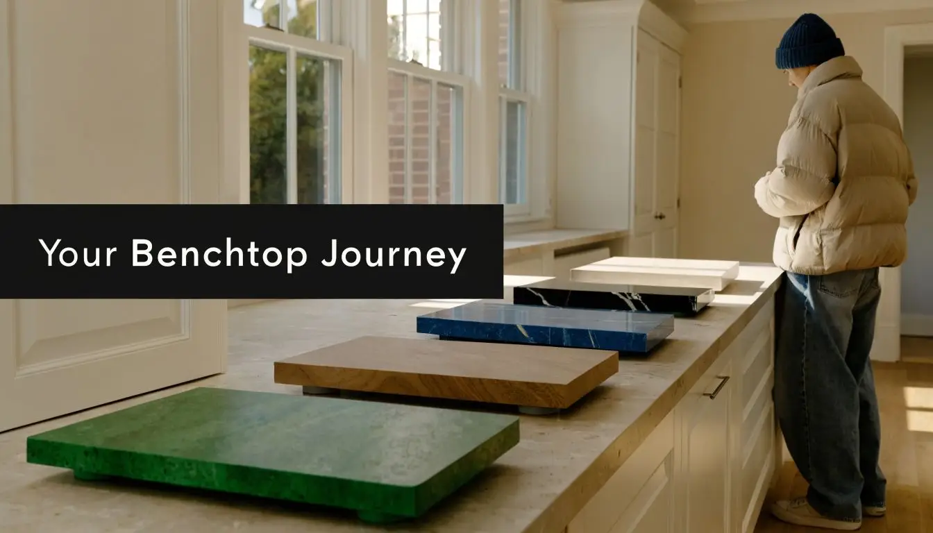 A person standing in a bright kitchen viewing various marble and wooden rectangular benchtop material samples.