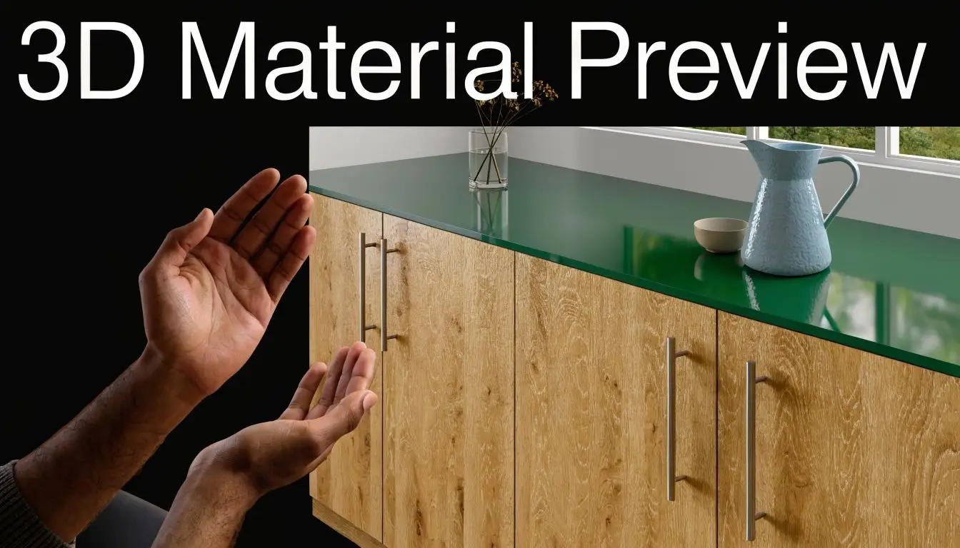 A 3D rendering showing a wooden kitchen cabinet with a green surface being presented by two hands.
