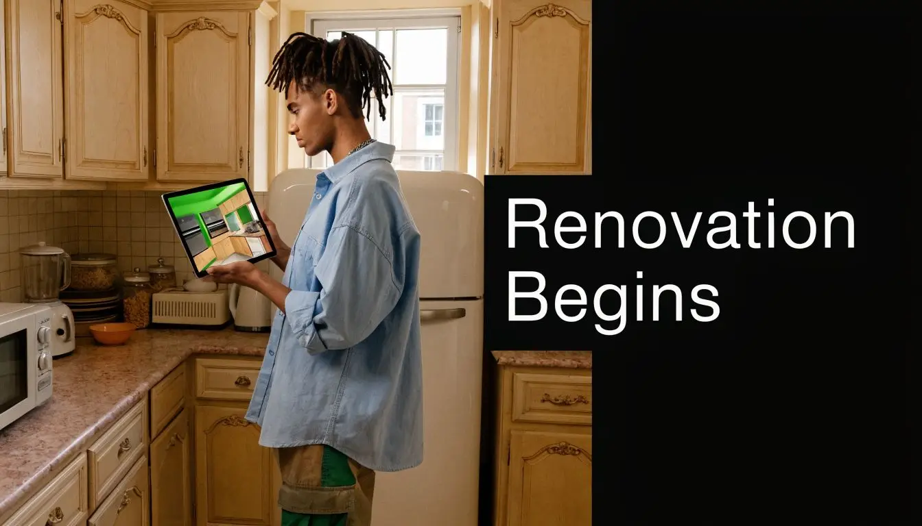 A young man holding a tablet with a kitchen redesign plan inside an old-fashioned kitchen.