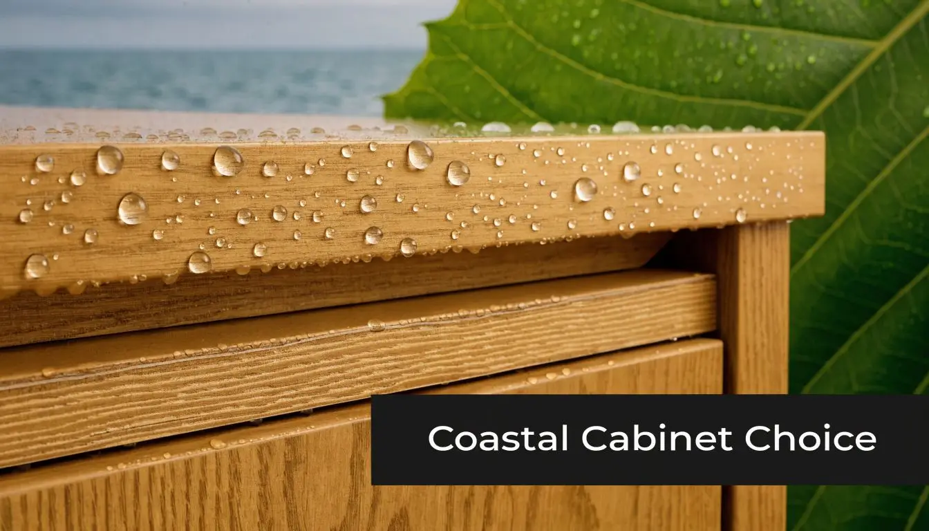 A close-up of wooden cabinet surfaces covered in water droplets with a blurred ocean background.