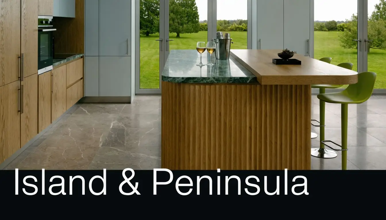 A modern kitchen island with a green marble countertop and a wooden breakfast bar in an open space.