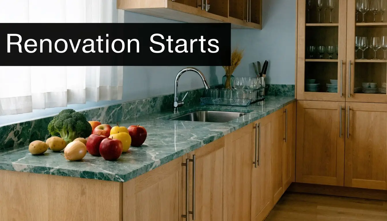 An L-shaped kitchen featuring wooden cabinets, a green marble countertop, and fresh produce sitting on the counter.