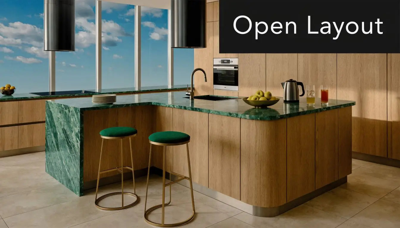 A modern kitchen with an L-shaped green marble countertop, wooden cabinetry, and stylish bar stools.
