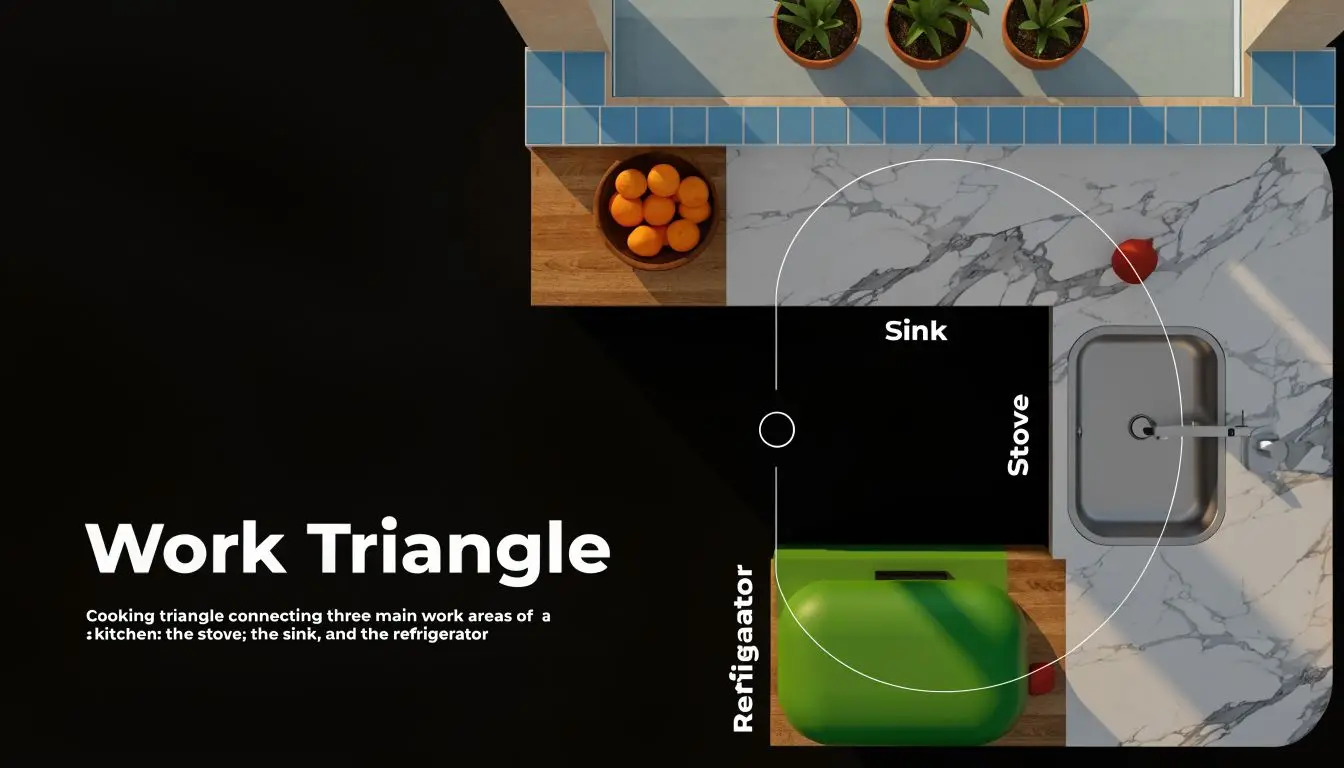 A top-down view showing an L-shaped kitchen layout with a designated work triangle connecting the major appliances.