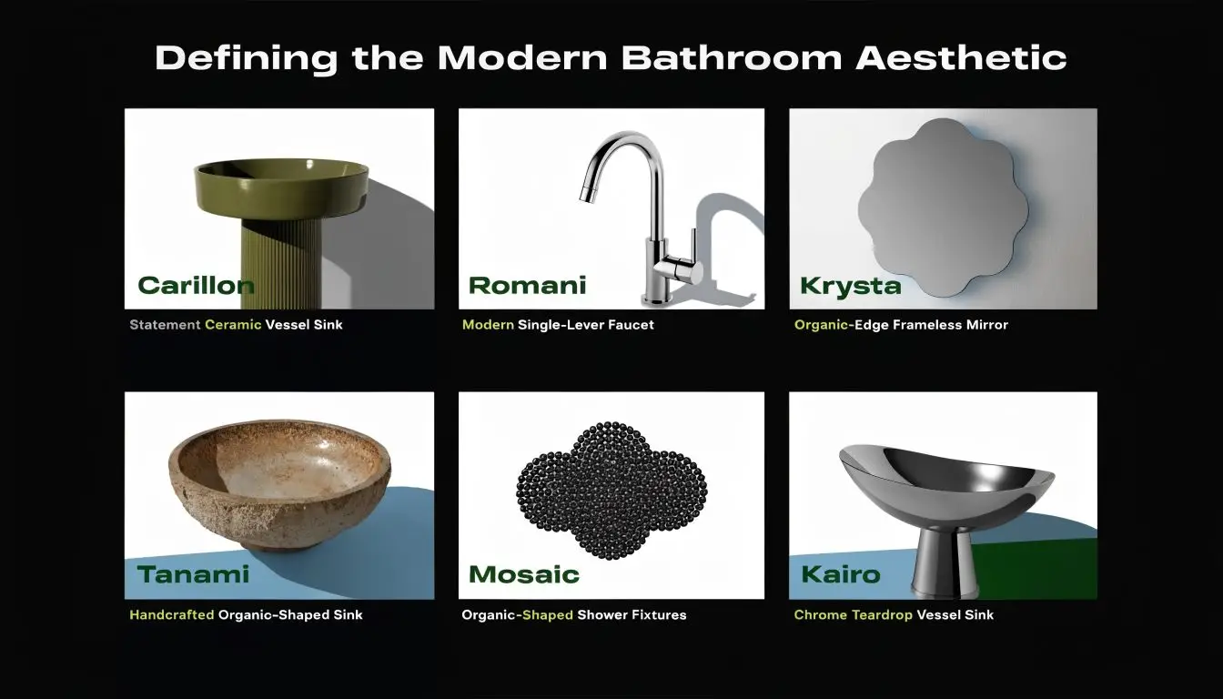 A gallery showcasing six unique, modern bathroom fixtures including sinks, a faucet, a mirror, and shower tiles.