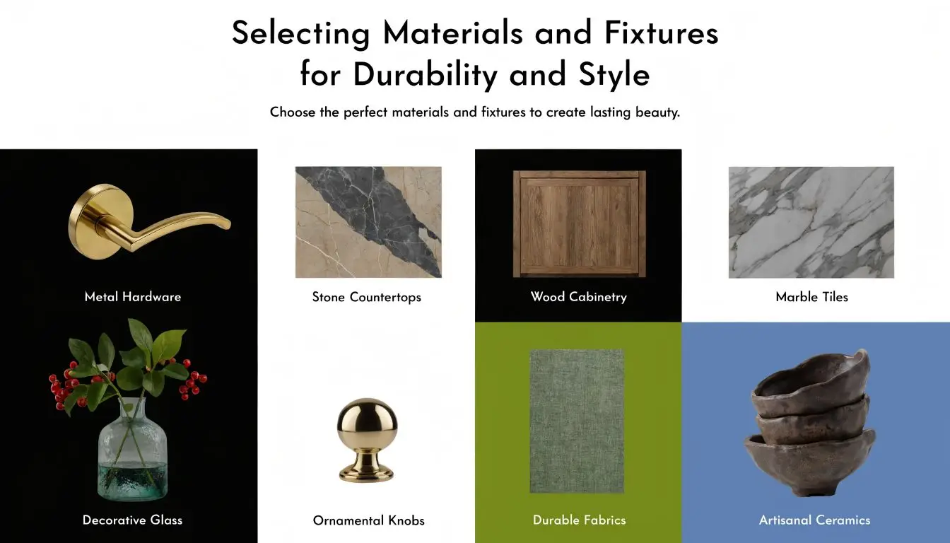 A design collage displaying various interior materials and fixtures like metal hardware, wood cabinetry, marble tiles, and ceramics.