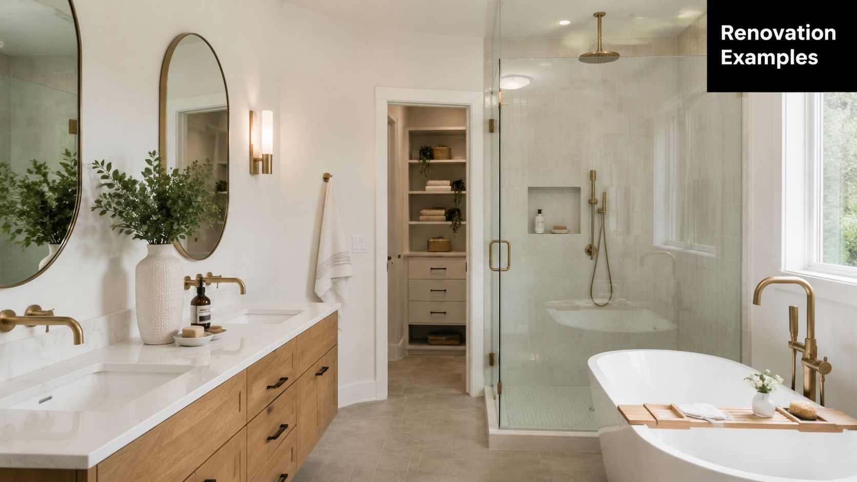 A modern, bright bathroom with double vanity, glass shower, and freestanding bathtub with gold hardware and accents.