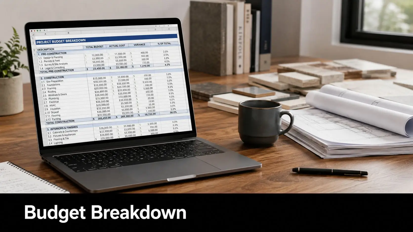 A laptop screen displaying a detailed project budget breakdown spreadsheet on a wooden desk with architectural plans.