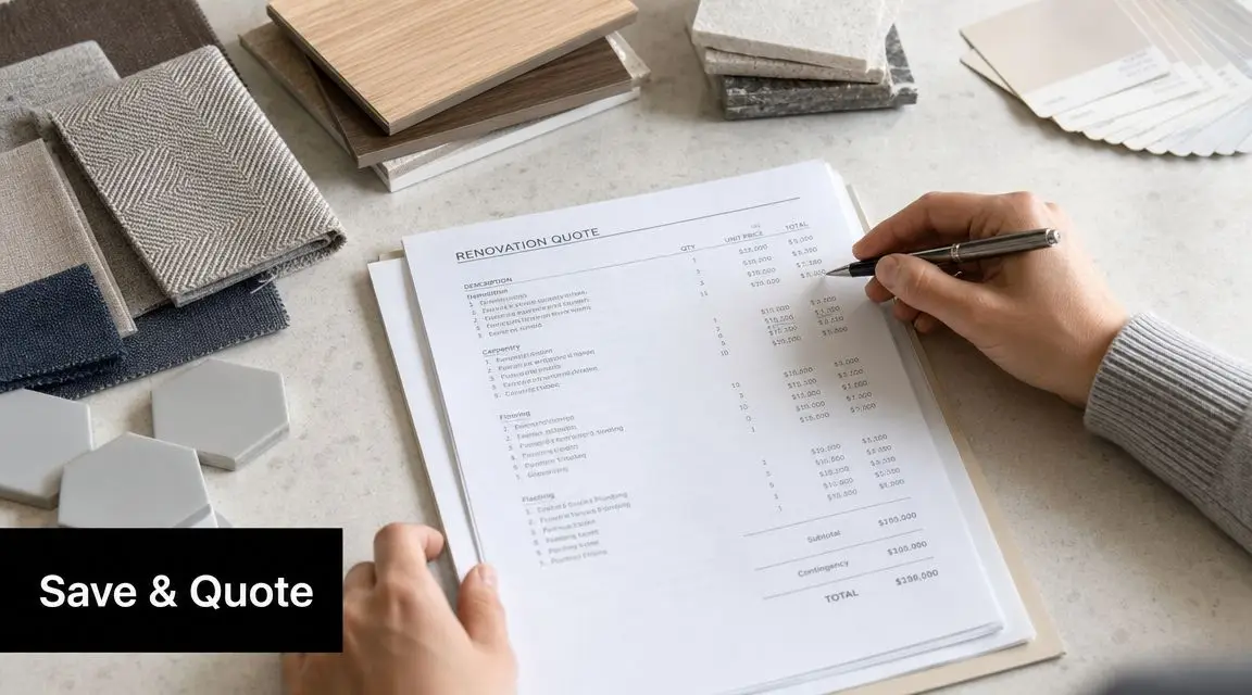 A person reviewing a detailed renovation cost estimate with architectural material samples on a desk.