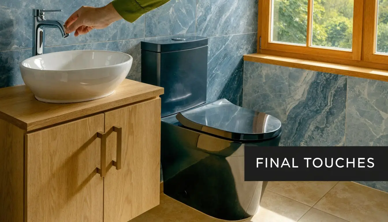A modern bathroom vanity with a white bowl sink and a sleek black toilet set against blue marble.