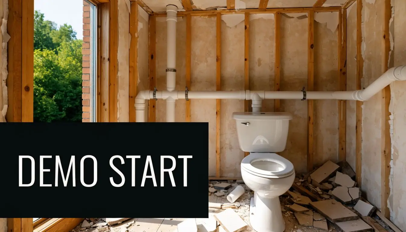 A white toilet inside a room undergoing renovation with exposed wooden wall studs and plumbing pipes.